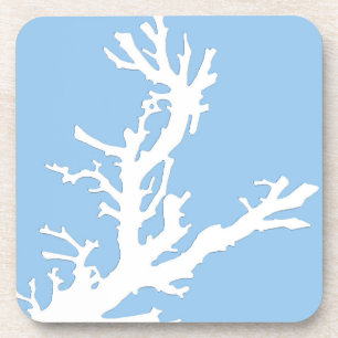 Coral branch - white on pale blue coaster