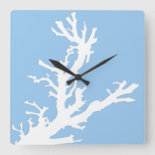 Coral branch - white on pale blue square wall clock