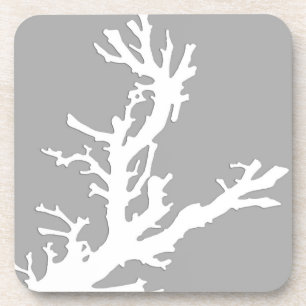 Coral branch - white on silver grey coaster