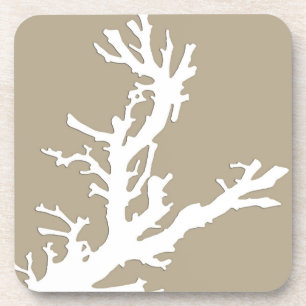 Coral branch - white on taupe tan coaster