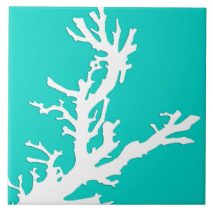 Coral branch - white on turquoise ceramic tile