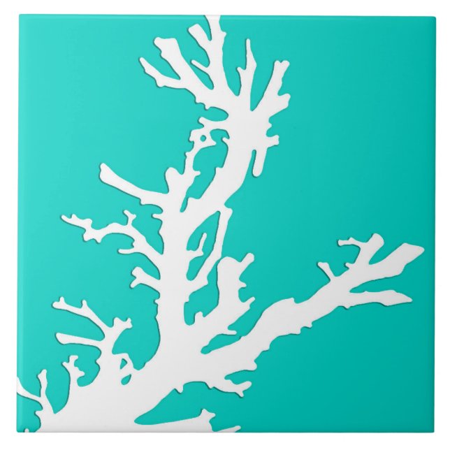 Coral branch - white on turquoise ceramic tile (Front)