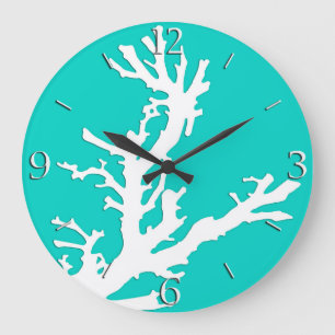 Coral branch - white on turquoise large clock
