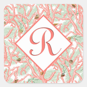 Coral Branches with Seashells Monogram Square Sticker
