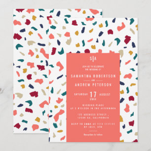 Coral bright marble mozaic terrazzo wedding invitation