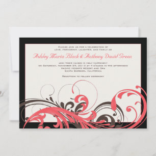 Coral, Brown, Black Floral Wedding Invitation