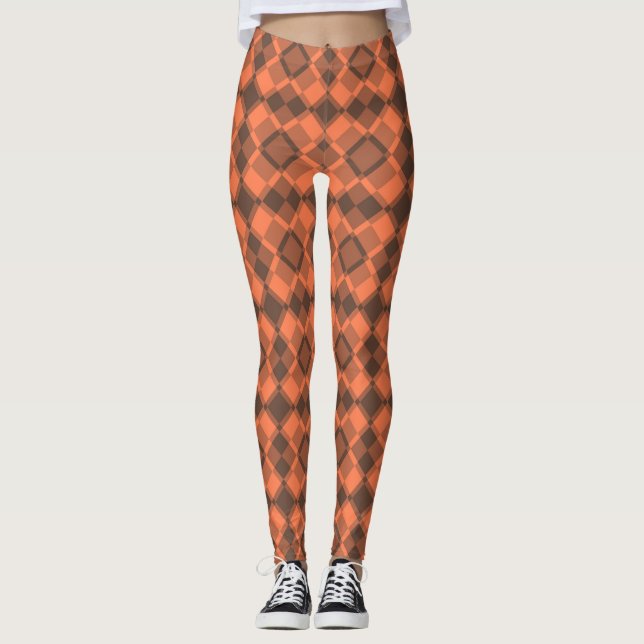 Coral Brown Checker Argyle Pattern Leggings (Front)