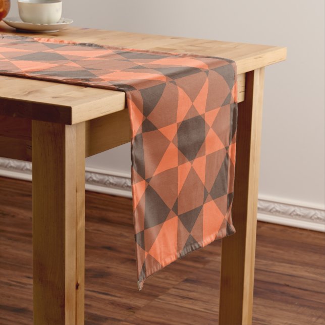 Coral Brown Chequered Diamond Plaid Pattern Long Table Runner (In Situ)