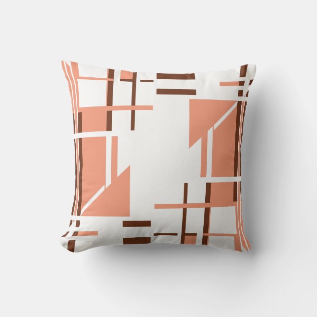 Coral Brown on White Geometric Shapes Lines Design Cushion (Front)