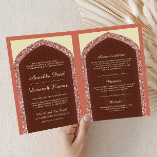 Coral Brown Rose Gold All in One Indian Wedding Invitation