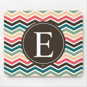 Coral Brown Teal Chevron Monogram Mouse Pad
