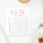 Coral | Brush Lettered Personalised To Do List Notepad<br><div class="desc">Chic personalised notepad features "to do list" at the top in vibrant tropical coral handwritten style brush lettered typography. Personalise with your name or choice of text beneath,  or leave blank if desired. 10 lines with checkboxes help you keep track of all your important tasks!</div>