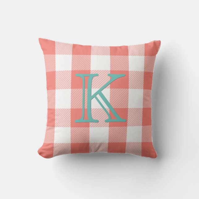Coral Buffalo Check | Teal Monogram Plaid Cushion (Front)