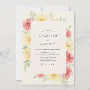 Coral Butter Ranunculus Eucalyptus Wedding Invitation