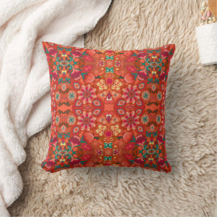 Coral Butterflies & Blooms Throw Pillow