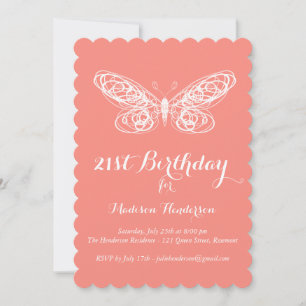 Coral Butterfly 21st Birthday Invitation