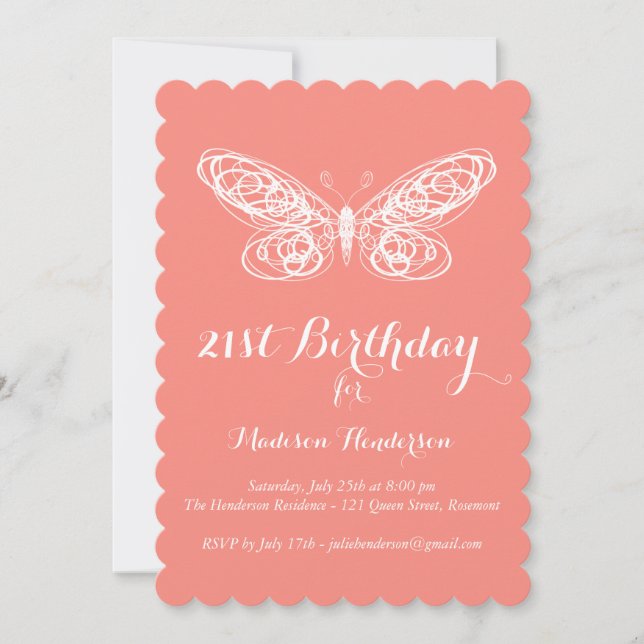 Coral Butterfly 21st Birthday Invitation (Front)