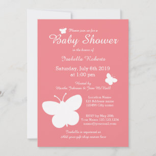 Coral butterfly baby shower invitations for girl