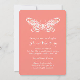 Coral Butterfly Bat Mitzvah Invitation