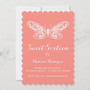 Coral Butterfly Sweet Sixteen Invitation
