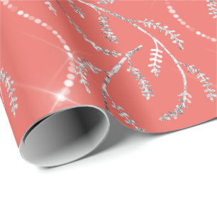 Coral Candy Spark Laurel Floral Silver Diamonds Wrapping Paper