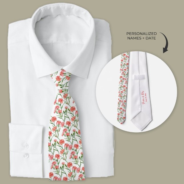 Coral Carnation Neck Tie (Classic pink carnation pattern on white personalized wedding necktie.)