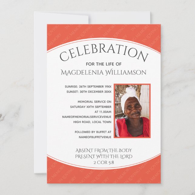 Coral CELEBRATION OF LIFE Photo Memorial Funeral Invitation (Front)