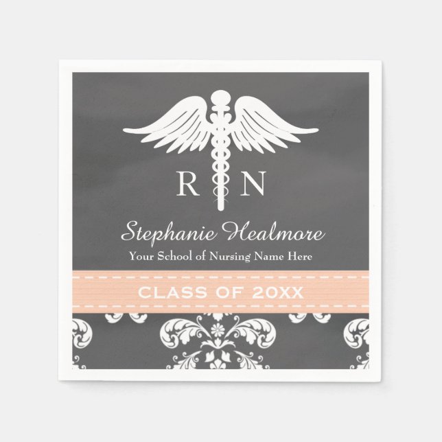 Coral Chalkboard Caduceus Nurse Graduation Napkin (Front)