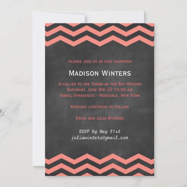 Coral & Chalkboard Chevron Bat Mitzvah Invitation (Front)