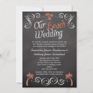 Coral Chalkboard Script Beach Wedding Invitation