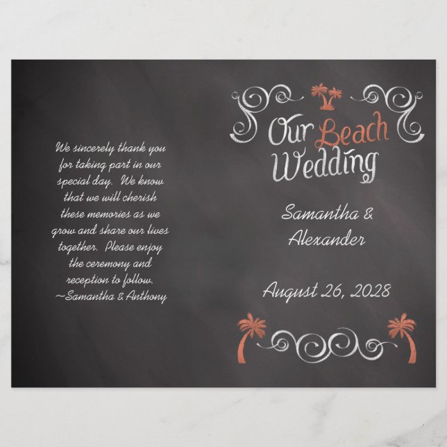 Coral Chalkboard Script Beach Wedding Program (Front)