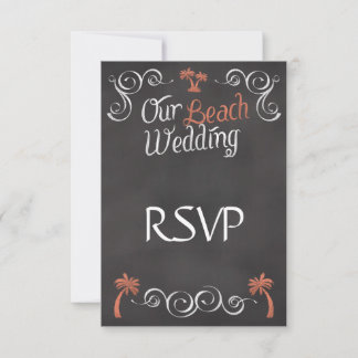 Coral Chalkboard Script Beach Wedding RSVP Card
