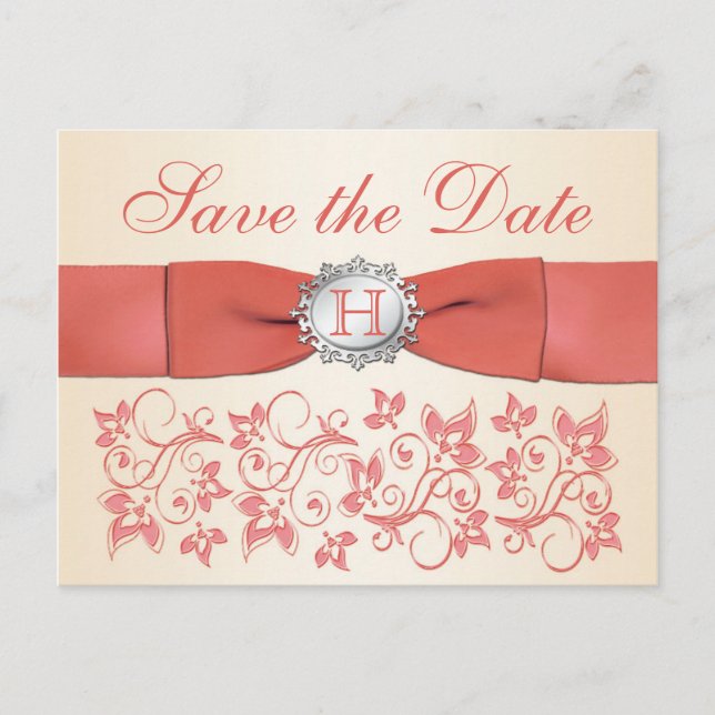 Coral, Champagne Floral Save the Date Postcard (Front)