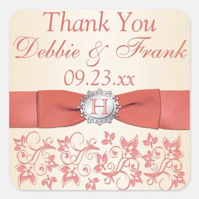 Coral, Champagne Floral Wedding Favour Sticker (Front)