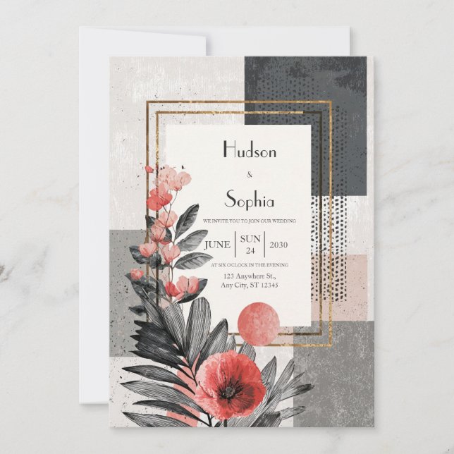 Coral & Charcoal Abstract Floral Wedding  Invitation (Front)