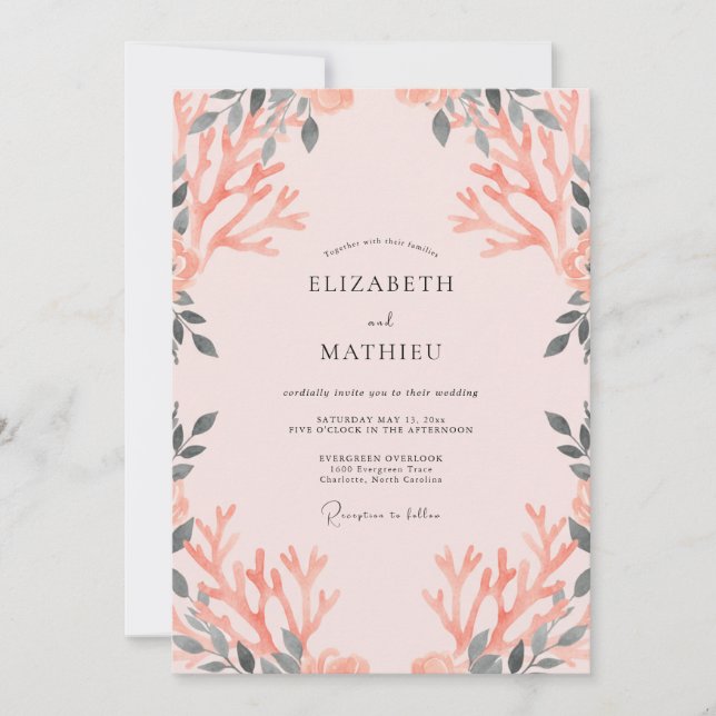 Coral Charcoal Leafy Wedding Invitation (Front)