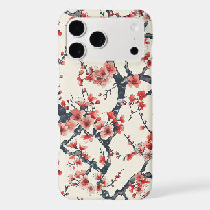 Coral Cherry Blossom Branches Ivory Asian Floral