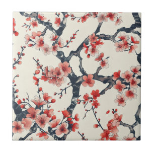 Coral Cherry Blossom Branches Ivory Asian Floral Ceramic Tile