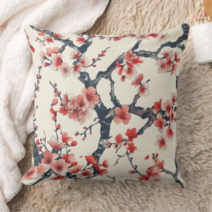 Coral Cherry Blossom Branches Ivory Asian Floral Cushion