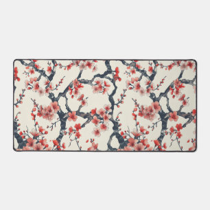 Coral Cherry Blossom Branches Ivory Asian Floral Desk Mat
