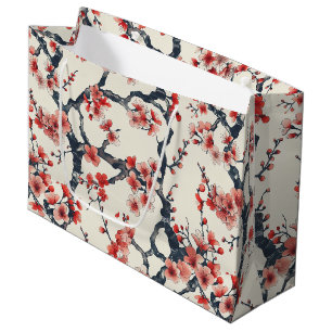 Coral Cherry Blossom Branches Ivory Asian Floral Large Gift Bag