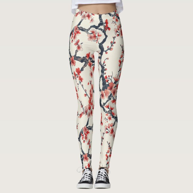 Coral Cherry Blossom Branches Ivory Asian Floral Leggings (Front)