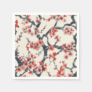 Coral Cherry Blossom Branches Ivory Asian Floral Napkin