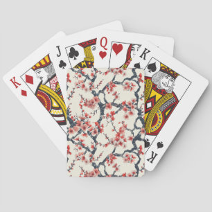 Coral Cherry Blossom Branches Ivory Asian Floral Playing Cards