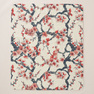 Coral Cherry Blossom Branches Ivory Asian Floral Sherpa Blanket