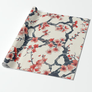 Coral Cherry Blossom Branches Ivory Asian Floral Wrapping Paper