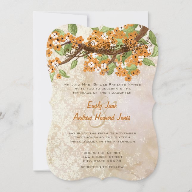 Coral cherry Blossom Tea Stain Wedding Invites (Front)
