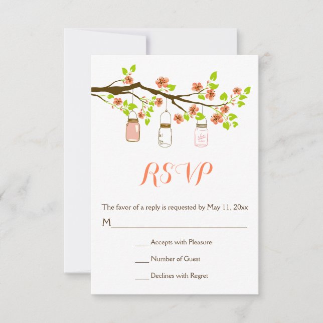 Coral cherry blossoms & mason jars wedding RSVP (Front)