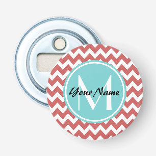 Coral Chevron Aqua Monogram, Personalised Bottle Opener