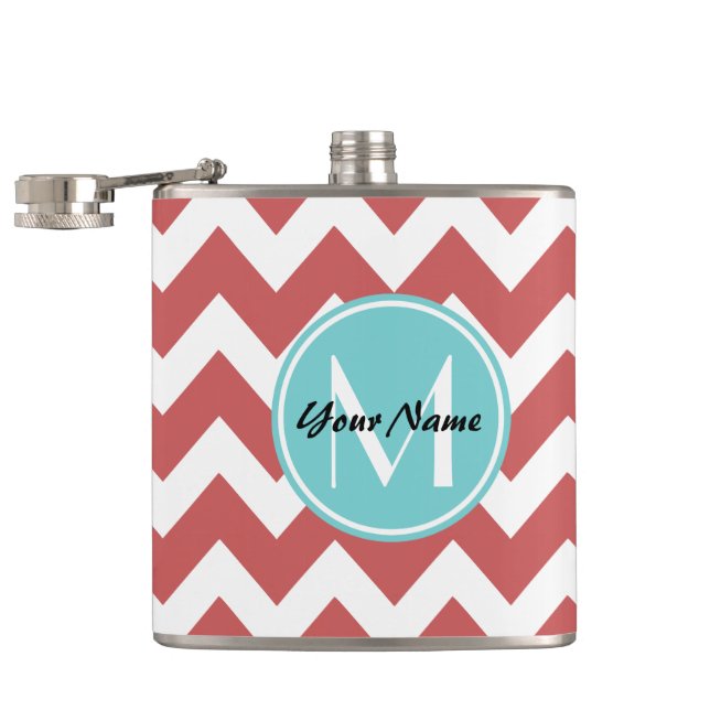 Coral Chevron Aqua Monogram, Personalised Hip Flask (Opened)